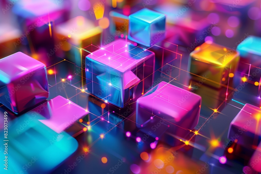 AI innovation and cloud technology. vibrant colored futuristic cubes. digital network flow. data cubes AI innovation and cloud technology. vibrant colored futuristic cubes. digital network flow. data cubes