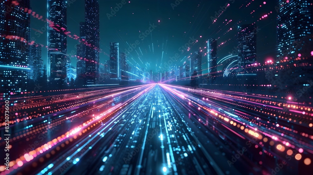 Dazzling Data Streams Pulsing Through a Neon Lit Futuristic Cityscape at Night Dazzling Data Streams Pulsing Through a Neon Lit Futuristic Cityscape at Night