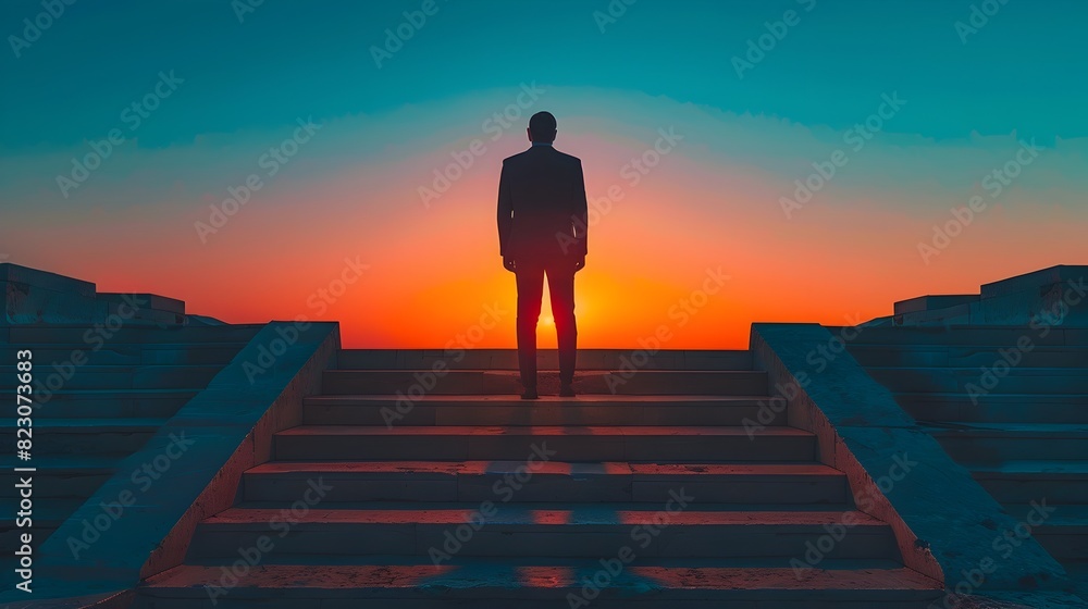 Ambitious Silhouette Ascending Stairs at Vibrant Twilight Backdrop Representing Career Success and Ascent Ambitious Silhouette Ascending Stairs at Vibrant Twilight Backdrop Representing Career Success and Ascent