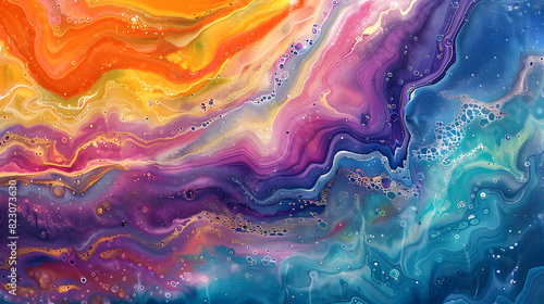 An ethereal abstract painting using acrylic pouring technique, blending vibrant colors to create mesmerizing patterns reminiscent of celestial bodies in motion.