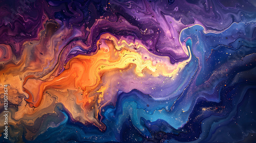An ethereal abstract painting using acrylic pouring technique, blending vibrant colors to create mesmerizing patterns reminiscent of celestial bodies in motion.