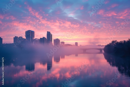 A serene skyline at dawn with mist rising from a river that flows through the city