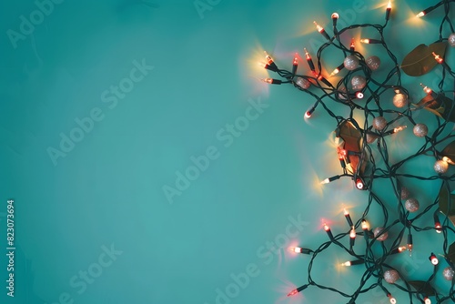 Christmas lights garland on dark background with copy space