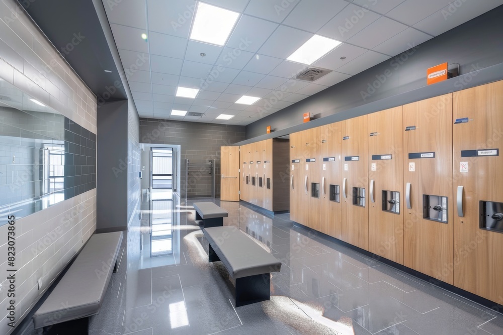A small modern sports center with a clean and modern locker room, featuring private changing areas and sleek lockers A small modern sports center with a clean and modern locker room, featuring private changing areas and sleek lockers