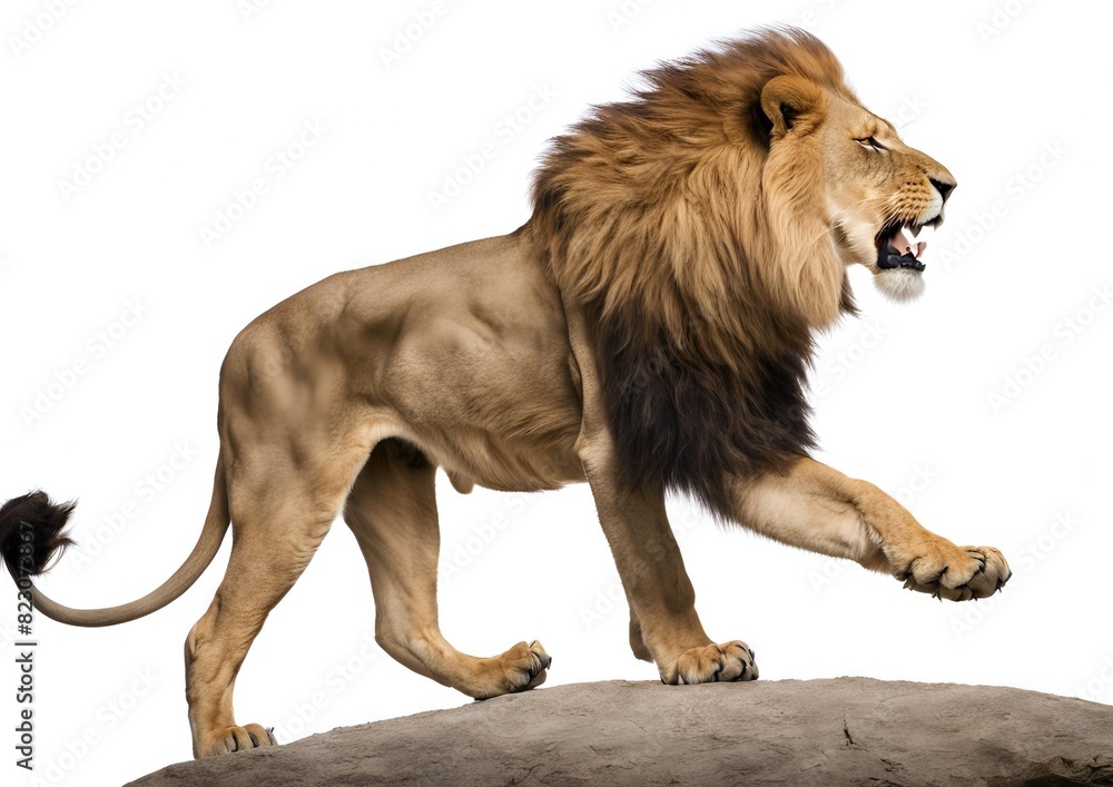 Fototapeta premium Side view of a roaring lion (Panthera Leo), standing and isolated on a white background.
