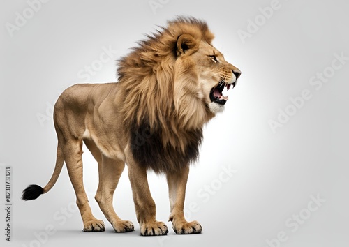 Side view of a roaring lion (Panthera Leo), standing and isolated on a white background.