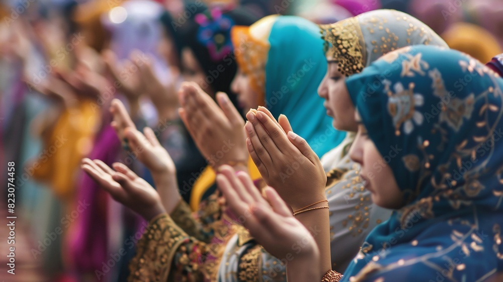 a row of a group of Muslim women praying a row of a group of Muslim women praying