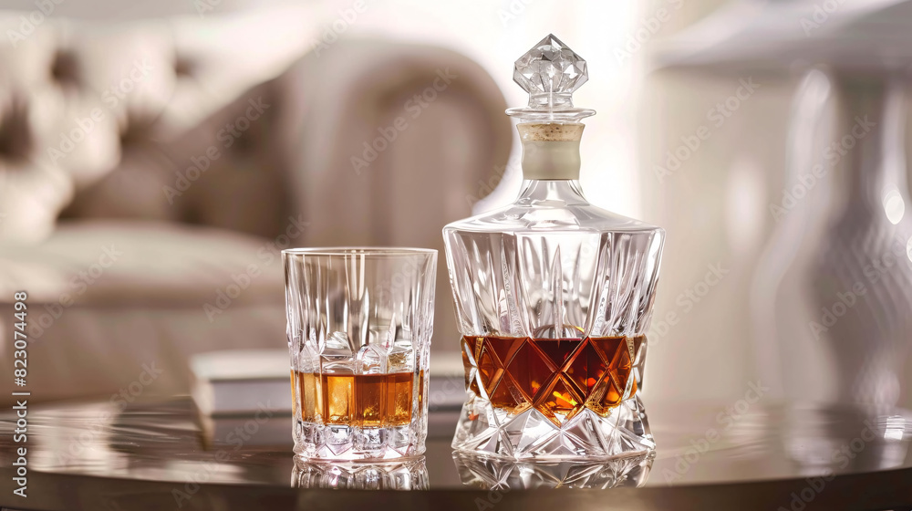 Crystal whiskey decanter and glass. Crystal decanter and glass filled with whiskey, perfect for a luxurious and relaxing evening at home. Crystal whiskey decanter and glass. Crystal decanter and glass filled with whiskey, perfect for a luxurious and relaxing evening at home.
