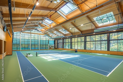 A small modern sports center with a spacious, brightly lit indoor tennis court, featuring a high ceiling