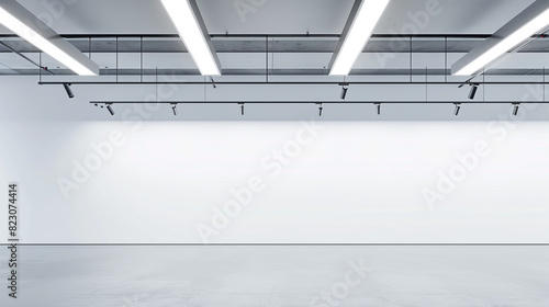 Gallery prepping for an exhibit with its long white wall brightly lit by overhead fixtures.