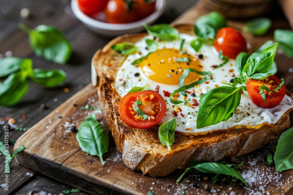 An open-faced egg toast sandwich with cherry tomatoes and fresh basil, on a rustic breadboard An open-faced egg toast sandwich with cherry tomatoes and fresh basil, on a rustic breadboard