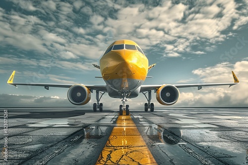 a yellow airplane on a wet runway photo