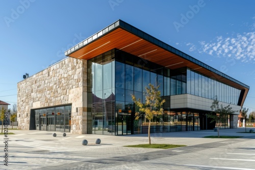 Fototapeta Naklejka Na Ścianę i Meble -  The facade of a small modern sports center with a unique architectural design, incorporating natural stone and glass