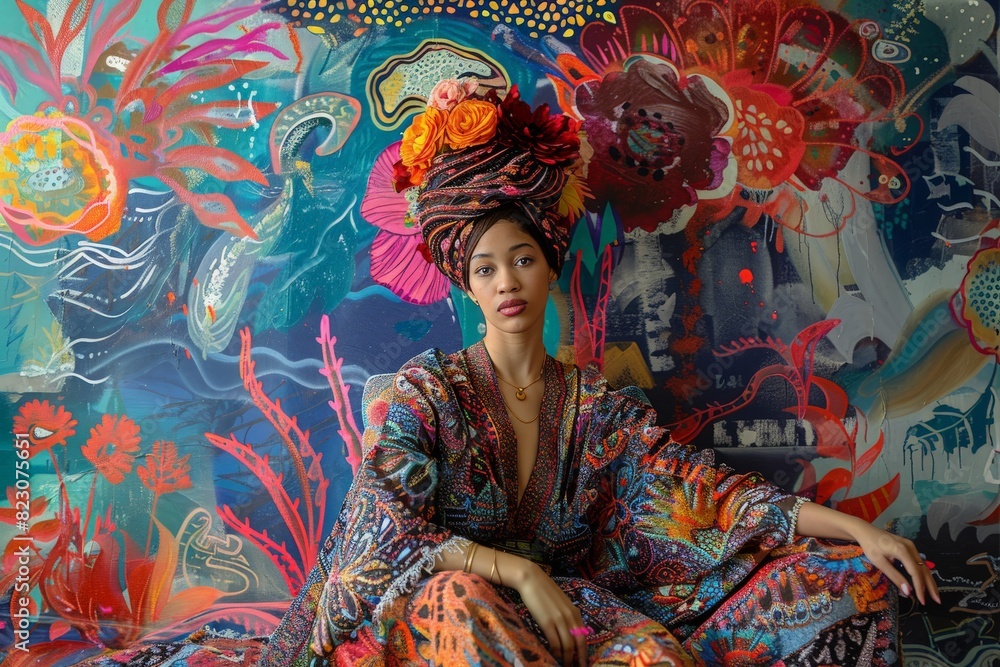 Fototapeta premium A woman seated in front of a vibrant, colorful mural. Vibrant flowers, and an elaborate, maximalist fashion dress that showcases a harmonious blend of bold psychedelic colors and intricate patterns
