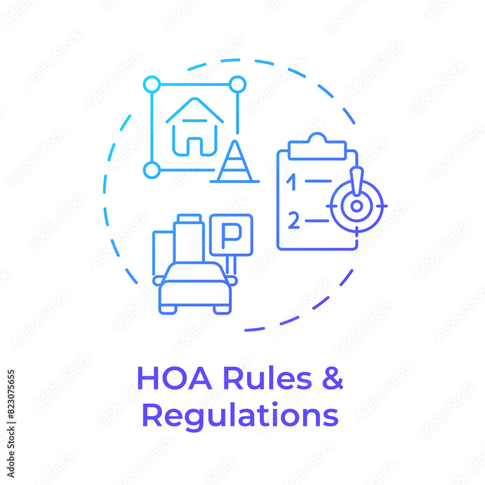 HOA rules and regulations blue gradient concept icon. Property management, administrative support. Round shape line illustration. Abstract idea. Graphic design. Easy to use in infographic HOA rules and regulations blue gradient concept icon. Property management, administrative support. Round shape line illustration. Abstract idea. Graphic design. Easy to use in infographic