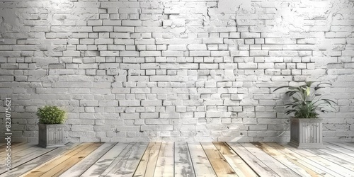 empty room with white wooden floor with white brick wall   background   product display