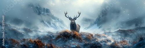 Amidst rugged terrain of the Scottish Highlands a solitary stag surveys his kingdom from atop a mistcovered hill