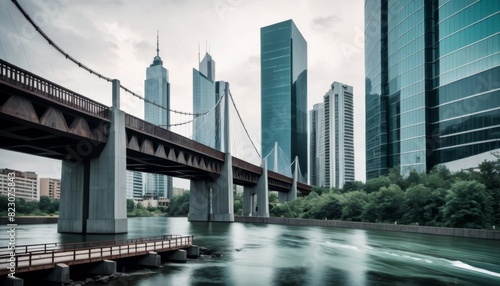 Calm waters flowing under a bridge with a backdrop of modern skyscrapers under a cloudy sky, portraying urban tranquility.. AI Generation