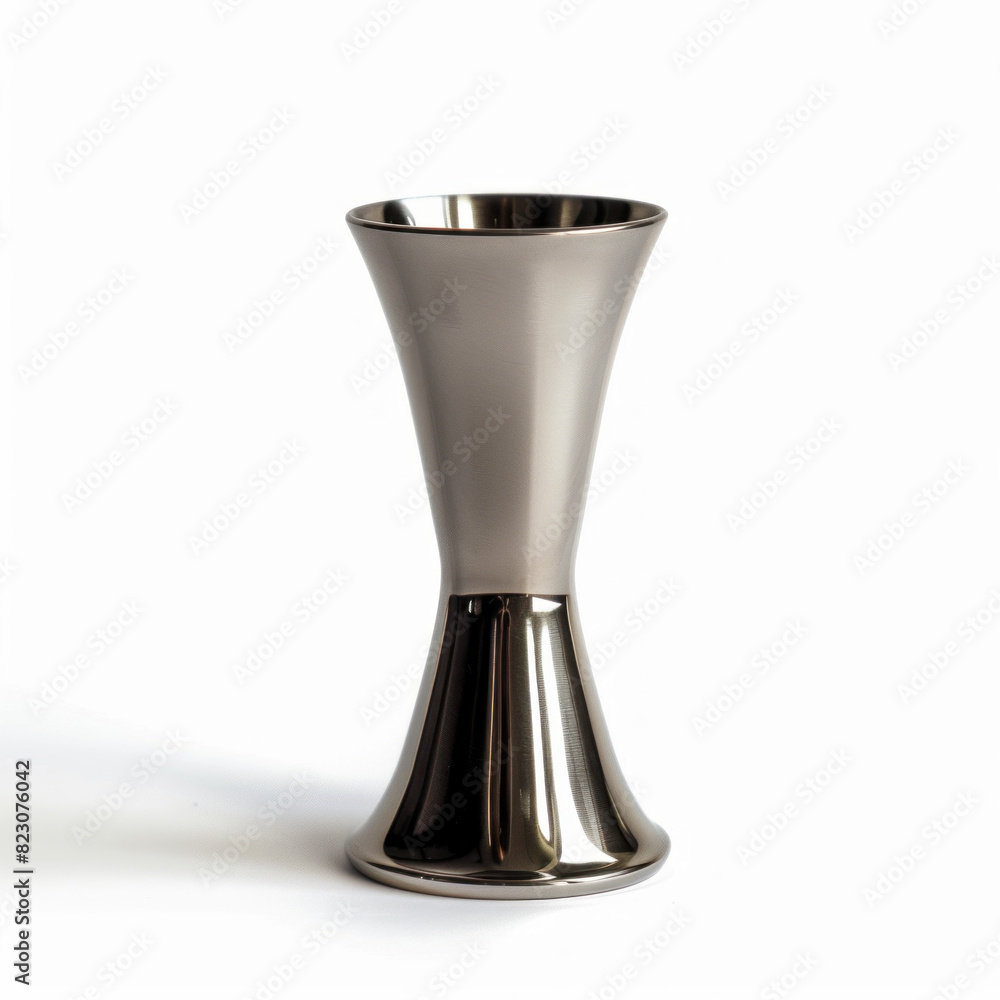 Stainless steel bar jigger on a white background, essential for precise cocktail measurements in bartending.
