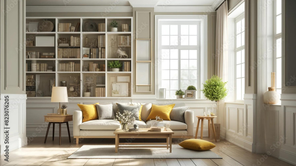Bright and Cozy Living Room with Yellow Wall and Decorative Shelves Bright and Cozy Living Room with Yellow Wall and Decorative Shelves