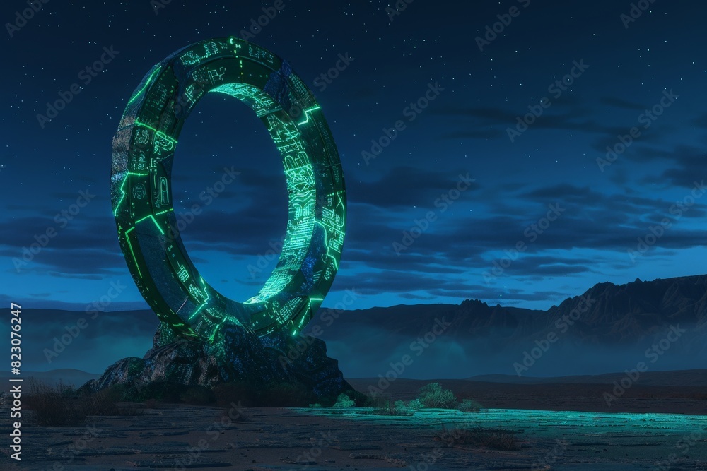Fototapeta premium A giant ring-shaped sculpture made of stone, filled with glowing patterns and symbols with fracture lines in neon green, stands on the desolate desert at night