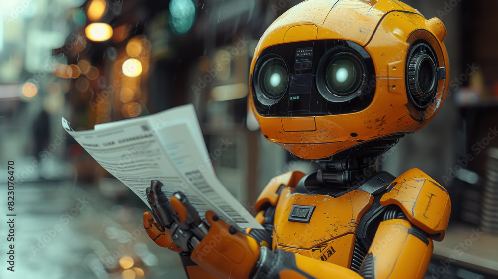 orange robot getting papers handouted by a human in a lighty office,generative ai orange robot getting papers handouted by a human in a lighty office,generative ai