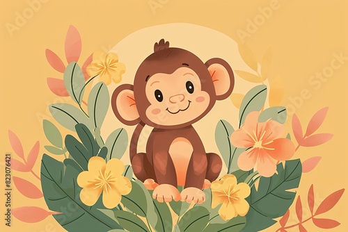 a cartoon of a monkey sitting on a plant with flowers