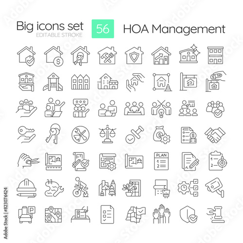 HOA management linear icons set. Association community, violation tracking. Administrative support. Customizable thin line symbols. Isolated vector outline illustrations. Editable stroke