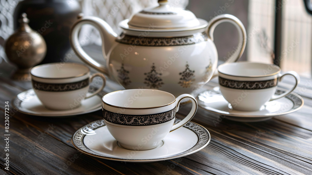 Elegant tea set on rustic table. Beautiful white porcelain tea set with black and gold detailing, arranged on a rustic wooden table. Perfect for elegant tea parties or cozy afternoon tea. Elegant tea set on rustic table. Beautiful white porcelain tea set with black and gold detailing, arranged on a rustic wooden table. Perfect for elegant tea parties or cozy afternoon tea.