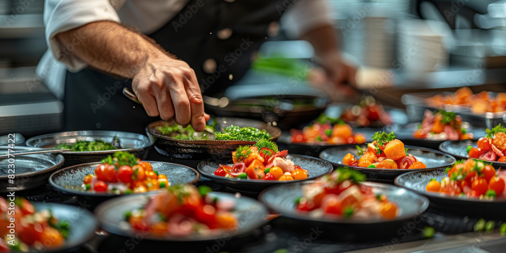 A chef garnishes gourmet dishes in a dimly lit kitchen, highlighting the artistry and precision of fine dining generatrive ai A chef garnishes gourmet dishes in a dimly lit kitchen, highlighting the artistry and precision of fine dining generatrive ai