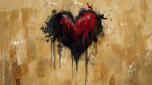 A large red heart with black and grey strokes graffiti art on a white background