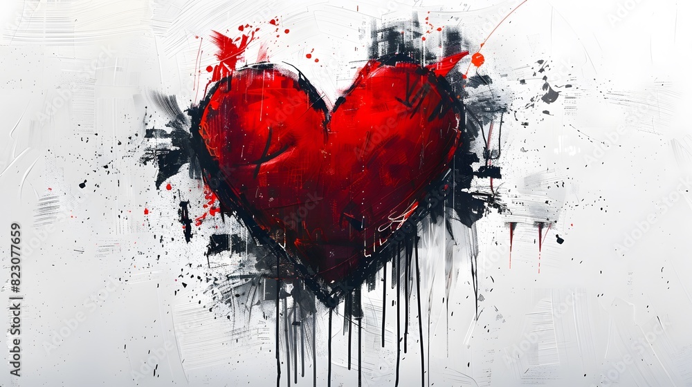 Naklejka premium A large red heart with black and grey strokes graffiti art on a white background