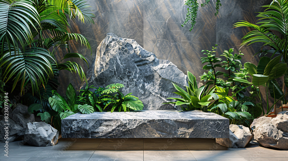 Elegant stone podium set in a tropical forest, great for showcasing luxury products