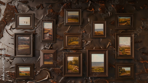 Small landscape frames on a dark chocolate wall in a rich art space. photo