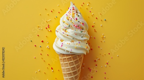 Delicious vanilla soft serve ice cream in a waffle cone with colorful sprinkles on a vibrant yellow background.