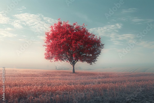 a tree with red leaves in a field