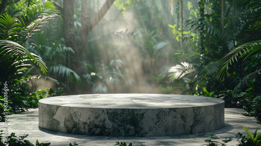 Elegant stone podium set in a tropical forest, great for showcasing luxury products Elegant stone podium set in a tropical forest, great for showcasing luxury products