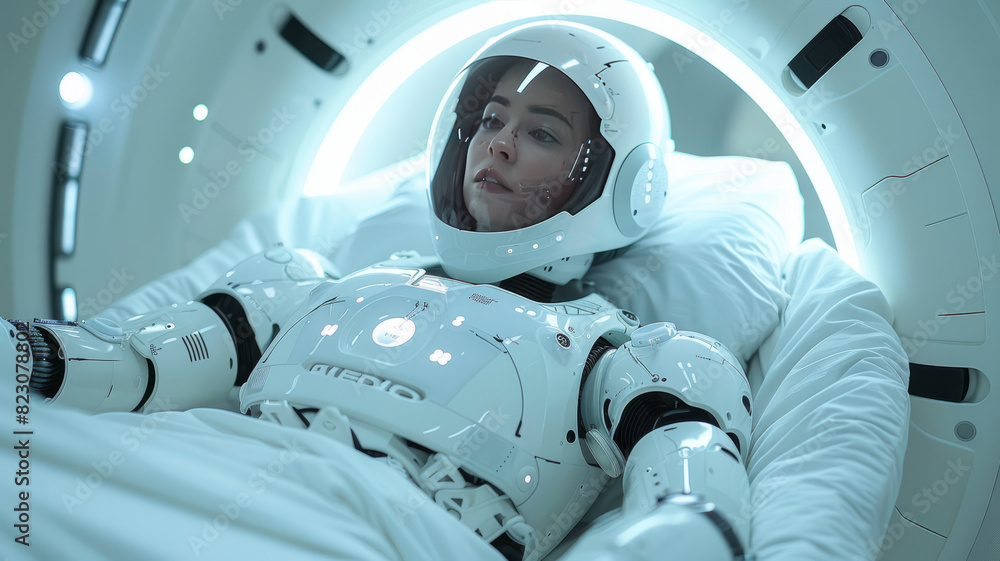 a human patient laying in a futuristic hospital bed, being helped up by a robot, lerning to walk again,generative ai a human patient laying in a futuristic hospital bed, being helped up by a robot, lerning to walk again,generative ai