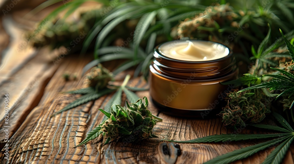 Detailed Macro Shot of Cream Jar with Texture Focused Cannabis Buds and Hemp Leaves on Wooden Backdrop with Copy Space Detailed Macro Shot of Cream Jar with Texture Focused Cannabis Buds and Hemp Leaves on Wooden Backdrop with Copy Space