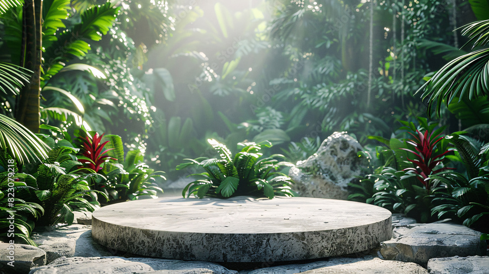 Elegant stone podium set in a tropical forest, great for showcasing luxury products
