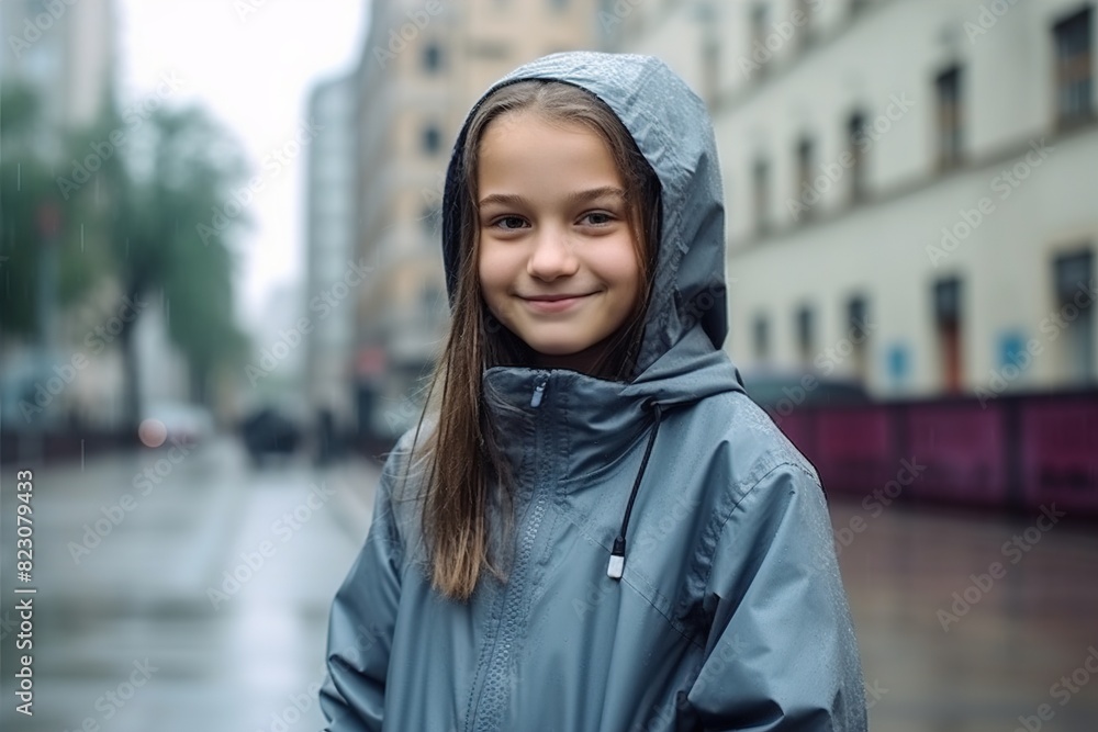 A young girl is standing on a wet street wearing a raincoat A young girl is standing on a wet street wearing a raincoat