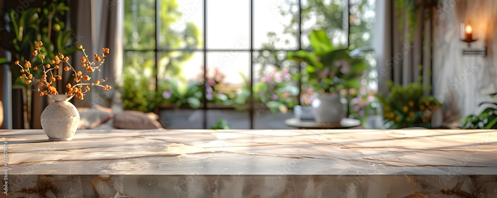 Fototapeta premium Empty marble table in front of an upscale blurred bedroom interior serving as a premium showcase space for product display