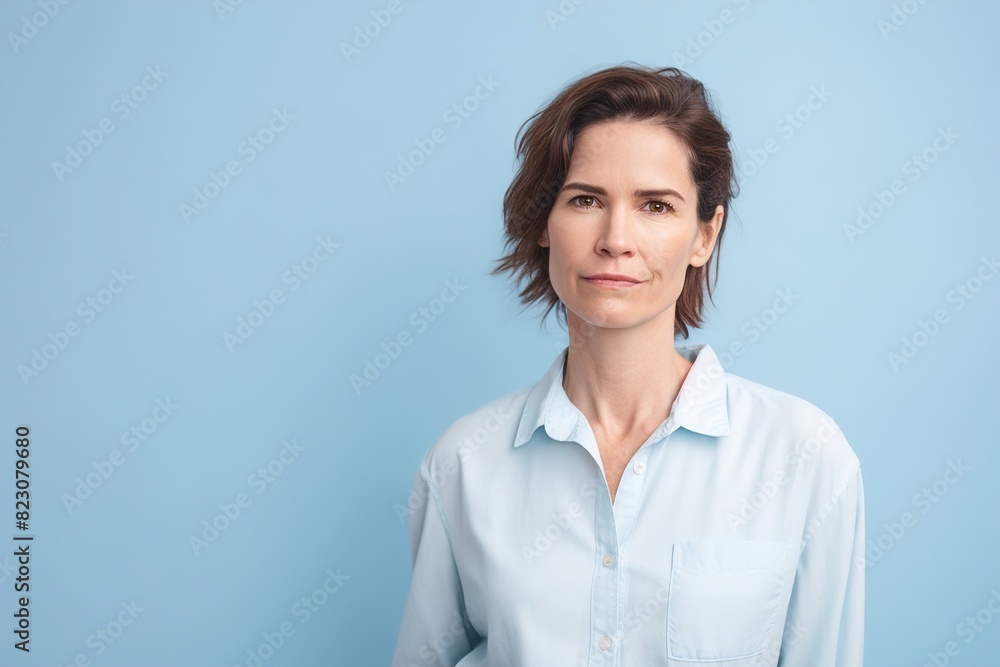 A woman is standing in front of a blue wall, wearing a blue shirt A woman is standing in front of a blue wall, wearing a blue shirt