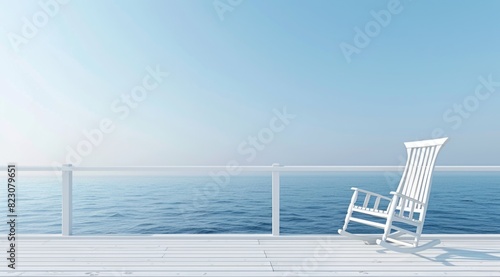 Beautiful white wooden terrace with rocking chair and table overlooking the sea