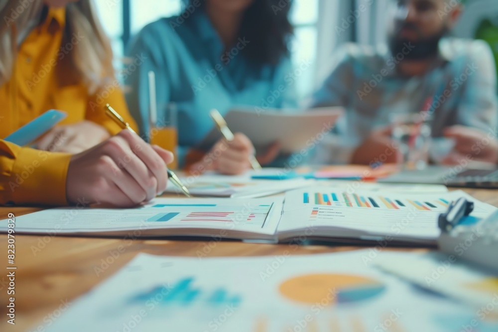 Close up of Diverse colleagues gather brainstorm discuss financial statistics at office meeting. finance, teamwork, Big data Graphs Charts concept Close up of Diverse colleagues gather brainstorm discuss financial statistics at office meeting. finance, teamwork, Big data Graphs Charts concept