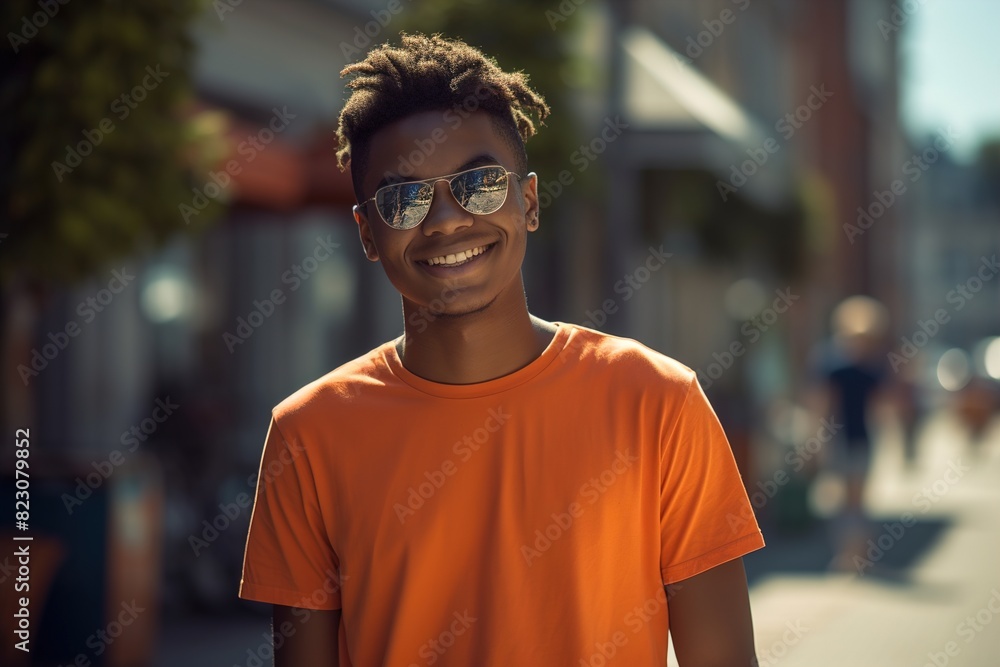 A young man wearing an orange shirt and sunglasses is smiling for the camera A young man wearing an orange shirt and sunglasses is smiling for the camera