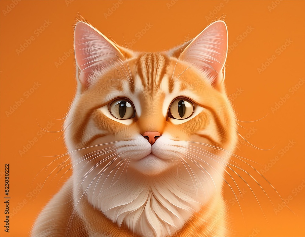 A 3D rendered portrait of a cat in a studio setting, with an orange background. The cat is shown in a detailed, lifelike manner, capturing its expressive features.