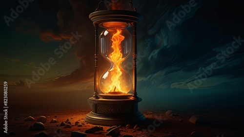 hourglass sand timer on fire, times burning end in fiery clock generated by AI 