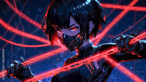 Portrait of an anime style cyberpunk female ninja warrior on a dark moody and atmospheric background photo