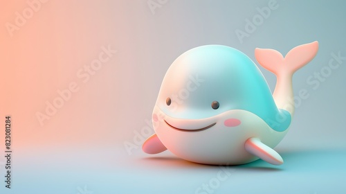 A cute and friendly cartoon whale. The whale is white and blue with a pink belly and a happy smile on its face. It is swimming in a simple blue background. 3D illustration with copy space